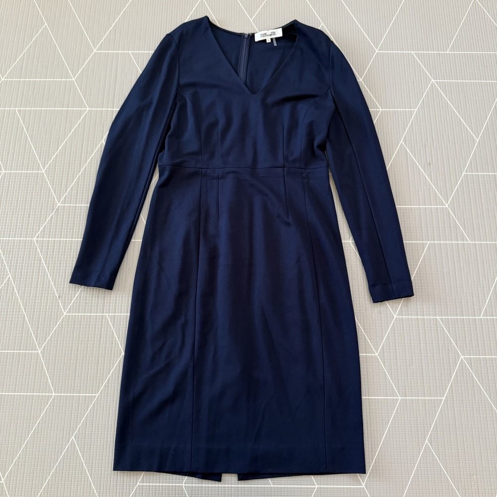 Diane von Furstenberg Milena Sheath Dress Size 14 Long Sleeve Blue Career